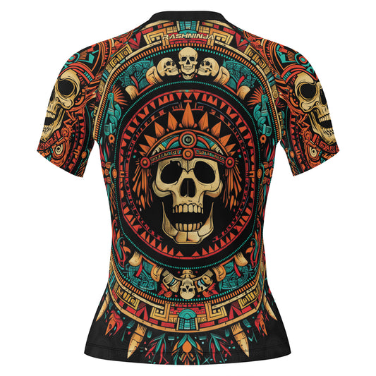 Rashninja Aztec Tribal Skull Women's Short Sleeve Rash Guard