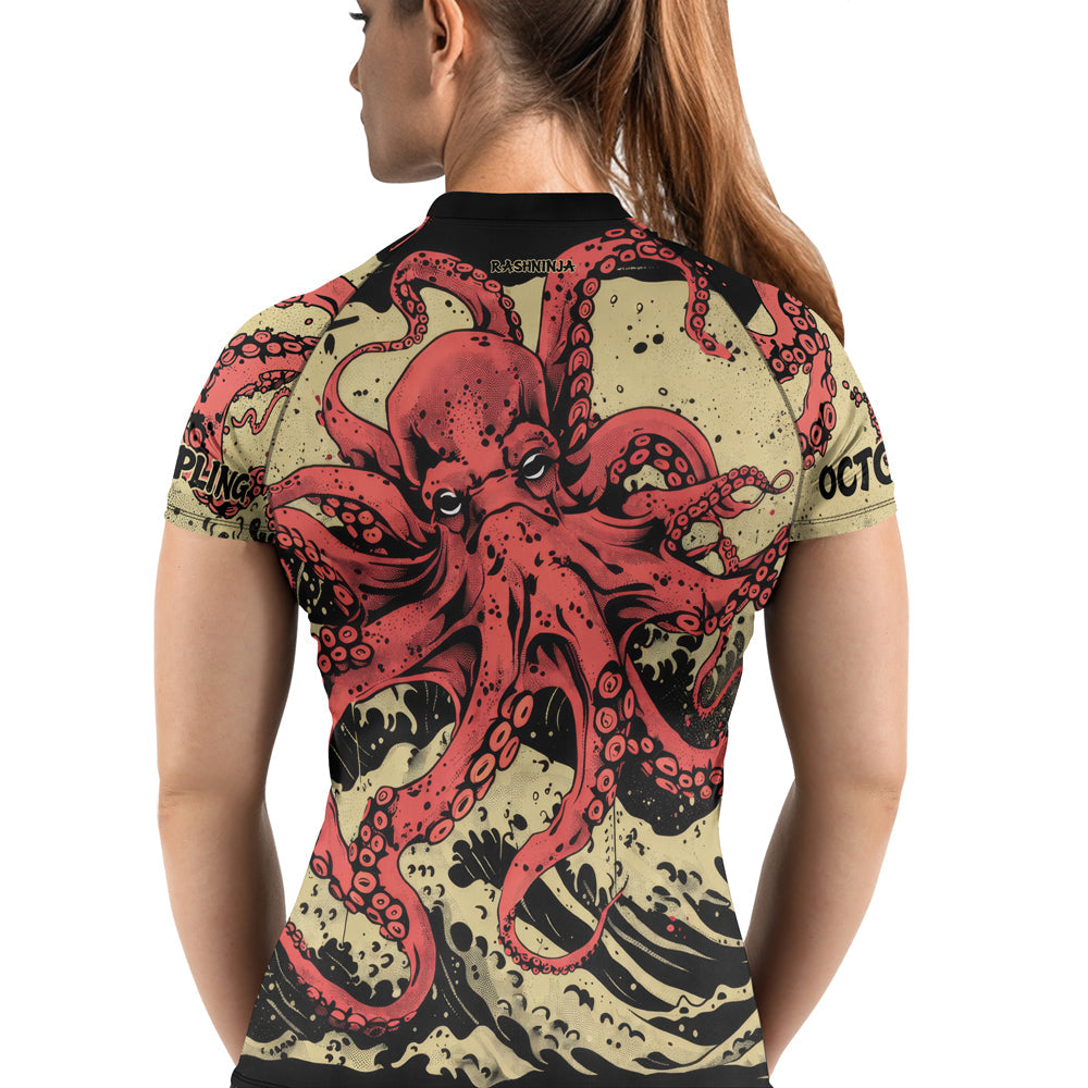 Rashninja Octopus Crimson Wave Women's Short Sleeve Rash Guard
