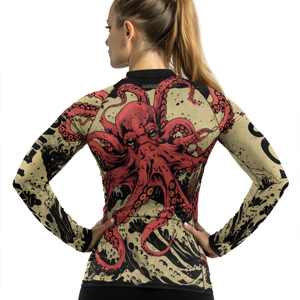 Rashninja Octopus Crimson Wave Women's Long Sleeve Rash Guard