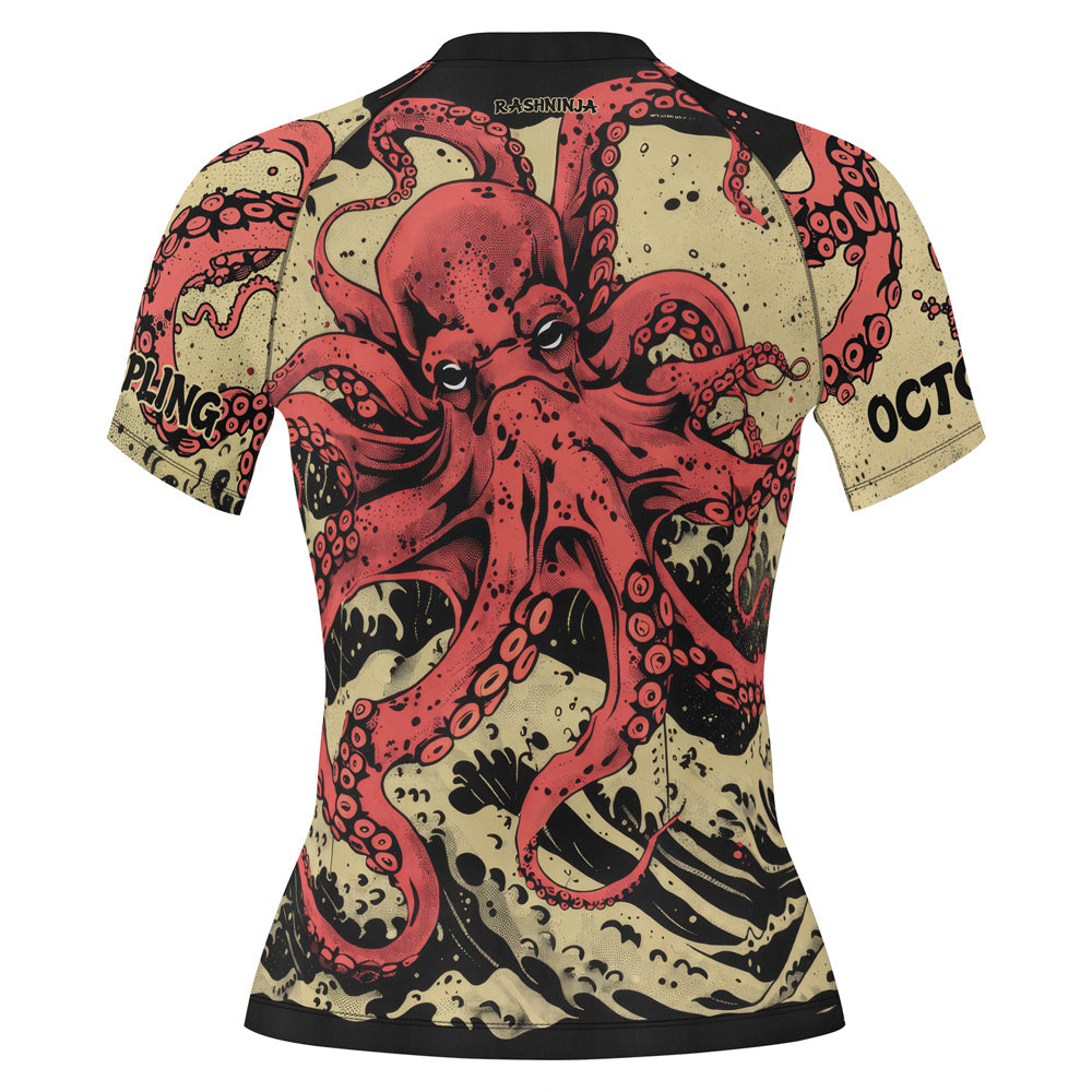 Rashninja Octopus Crimson Wave Women's Short Sleeve Rash Guard