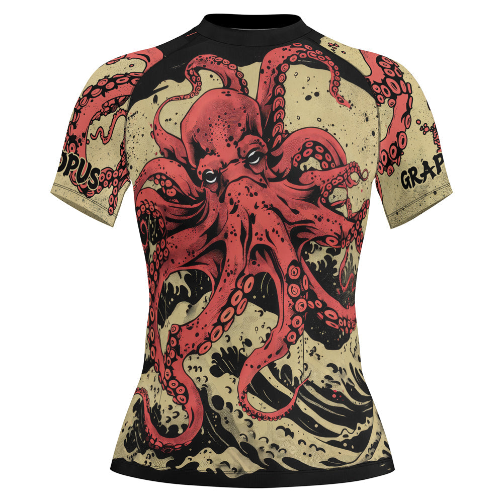 Rashninja Octopus Crimson Wave Women's Short Sleeve Rash Guard