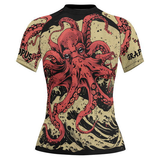 Rashninja Octopus Crimson Wave Women's Short Sleeve Rash Guard