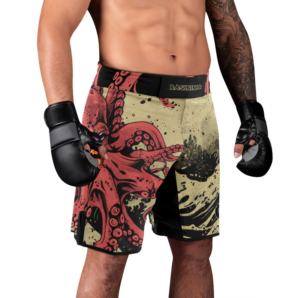 Rashninja Octopus Crimson Wave Men's Fight Shorts