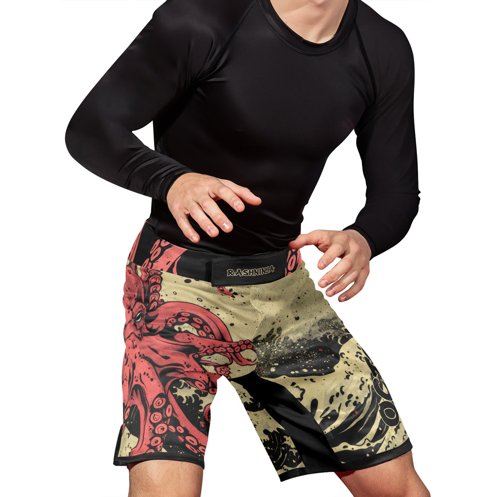 Rashninja Octopus Crimson Wave Men's Fight Shorts