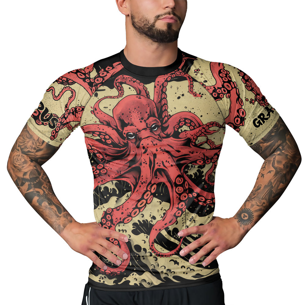 Rashninja Octopus Crimson Wave Men's Short Sleeve Rash Guard