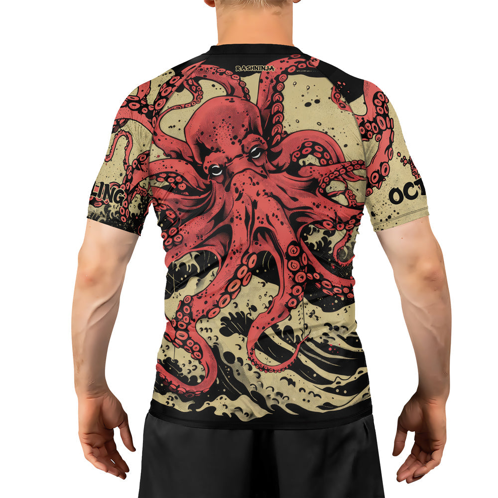 Rashninja Octopus Crimson Wave Men's Short Sleeve Rash Guard