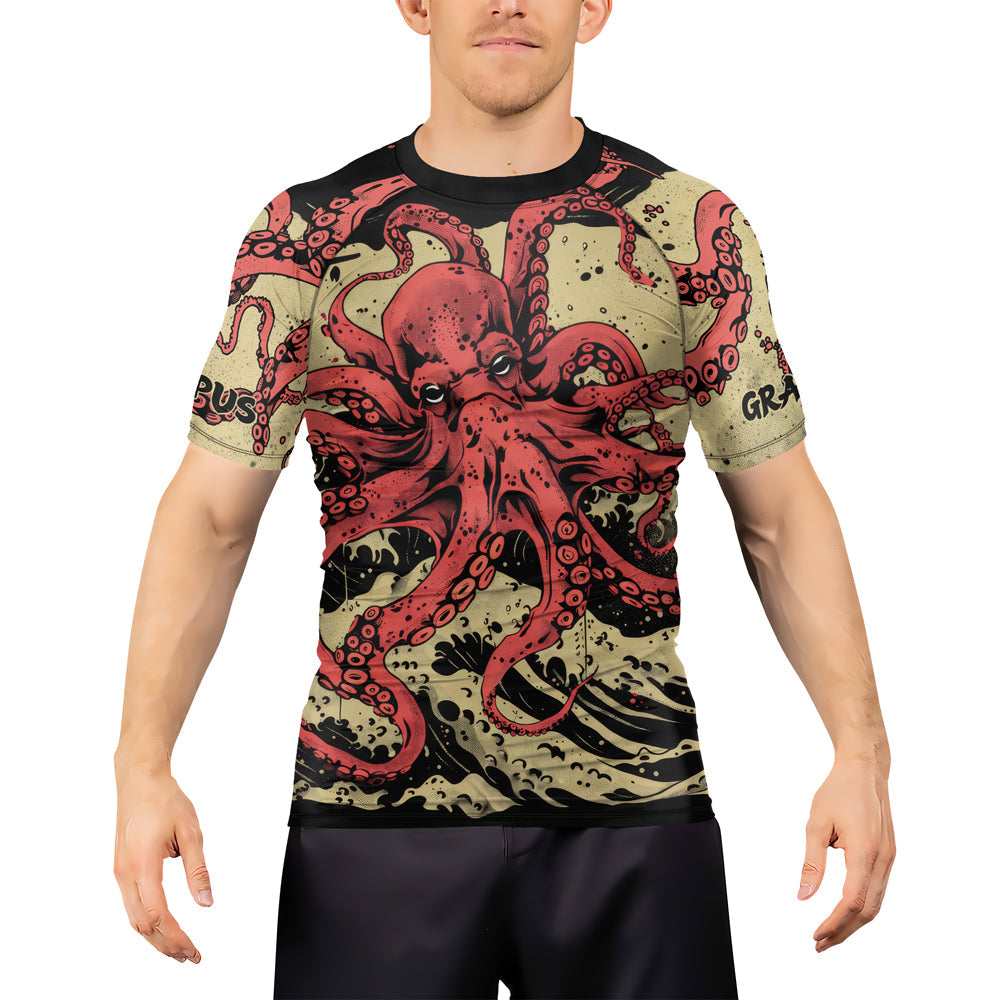 Rashninja Octopus Crimson Wave Men's Short Sleeve Rash Guard