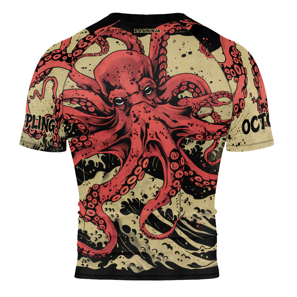 Rashninja Octopus Crimson Wave Men's Short Sleeve Rash Guard