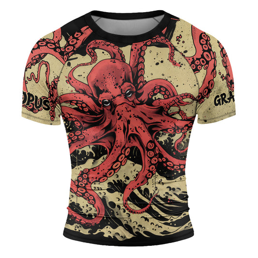 Rashninja Octopus Crimson Wave Men's Short Sleeve Rash Guard