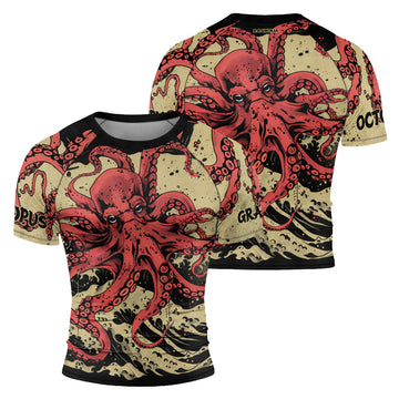 Rashninja Octopus Crimson Wave Men's Short Sleeve Rash Guard