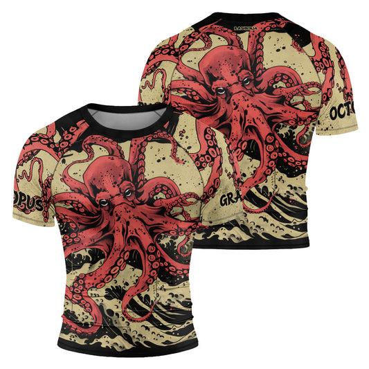 Rashninja Octopus Crimson Wave Men's Short Sleeve Rash Guard