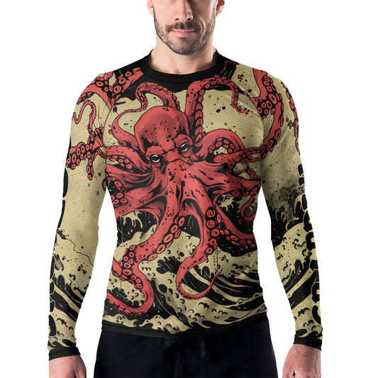 Rashninja Octopus Crimson Wave Men's Long Sleeve Rash Guard
