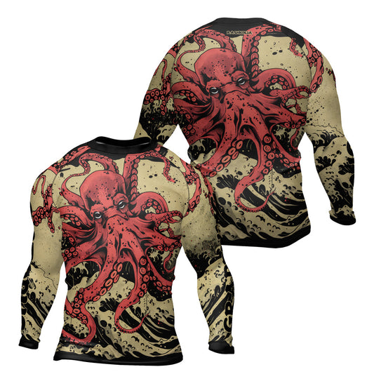 Rashninja Octopus Crimson Wave Men's Long Sleeve Rash Guard
