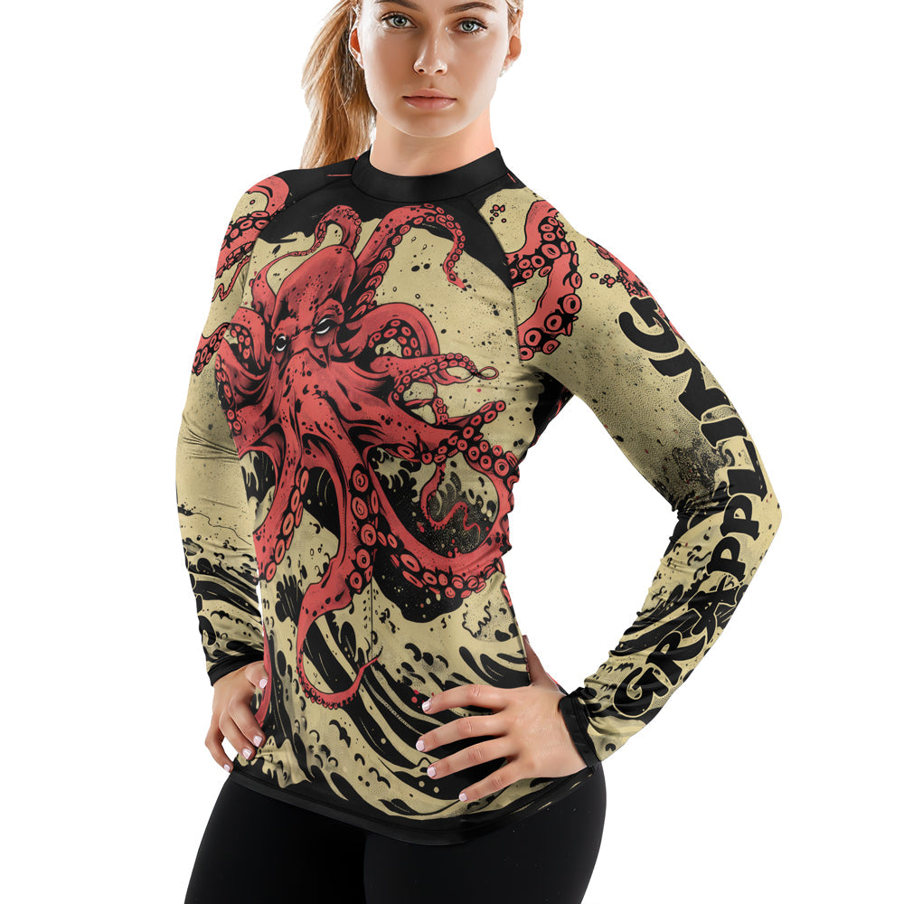 Rashninja Octopus Crimson Wave Women's Long Sleeve Rash Guard