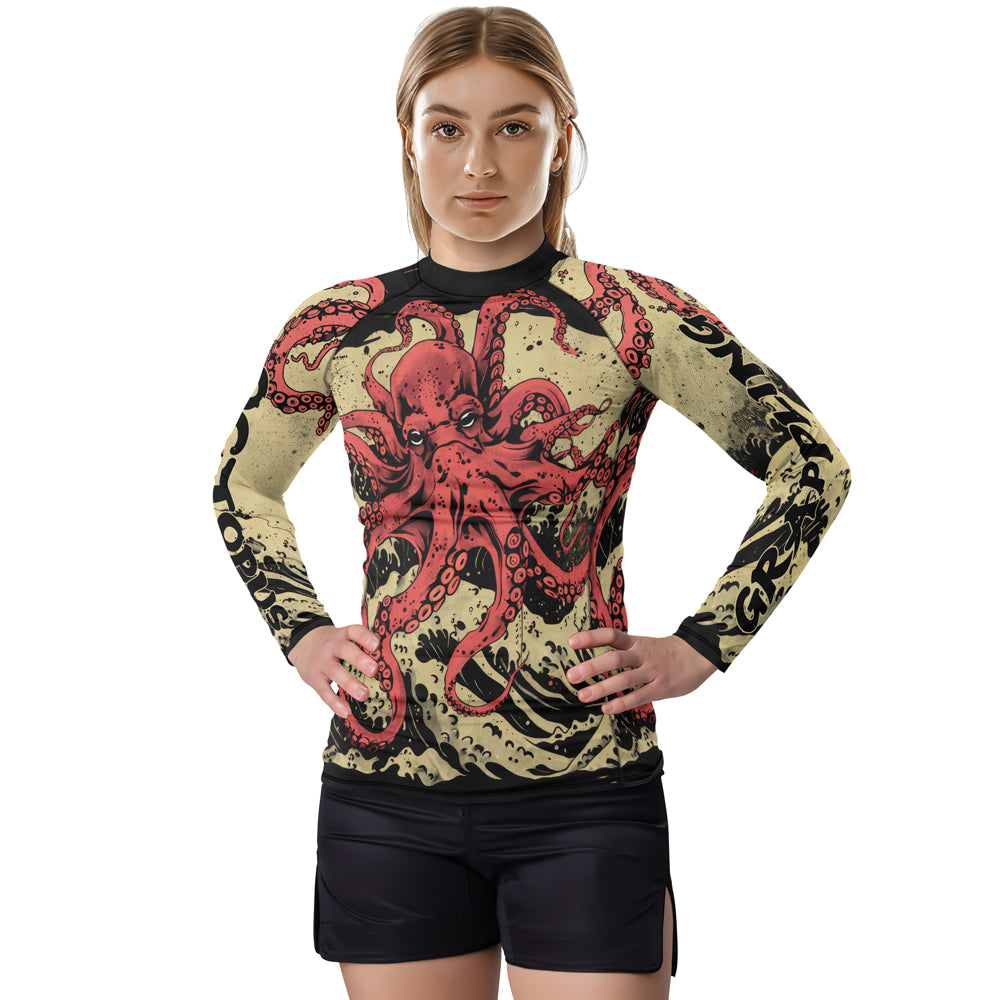 Rashninja Octopus Crimson Wave Women's Long Sleeve Rash Guard