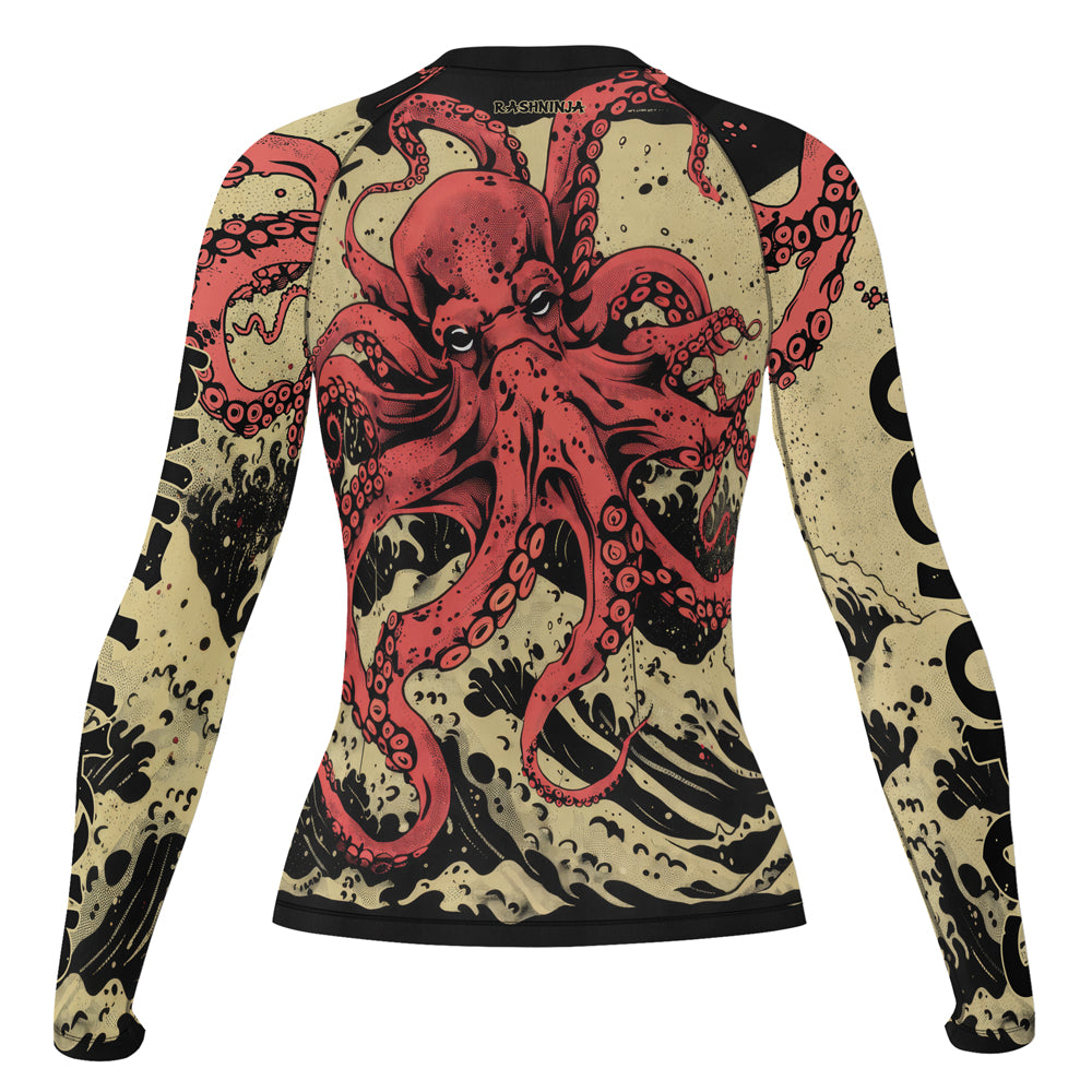 Rashninja Octopus Crimson Wave Women's Long Sleeve Rash Guard