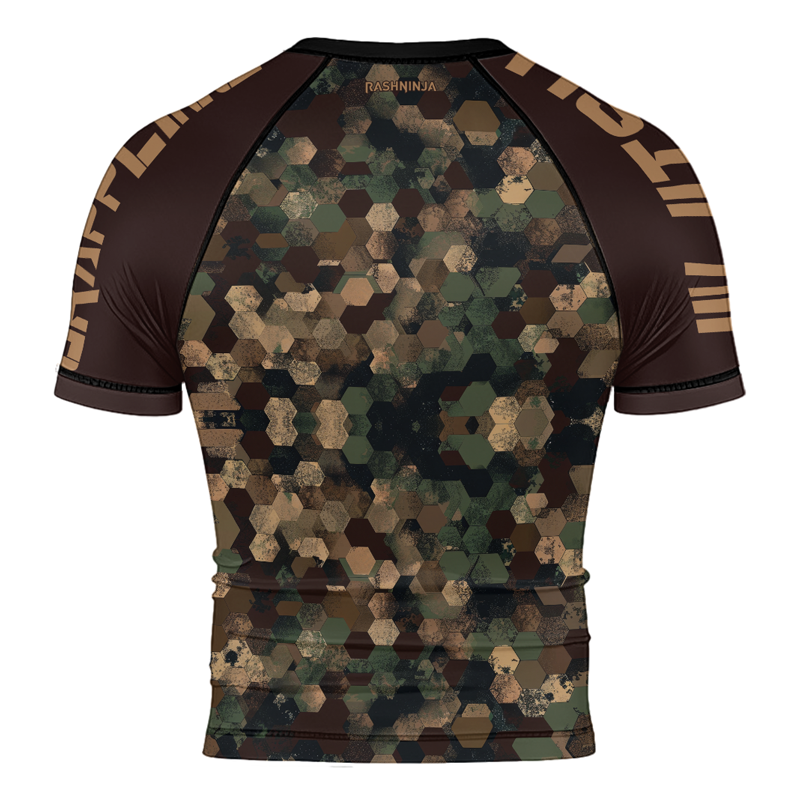 Army Green Rash Guard Rashninja Military Hexagon Camouflage Men's Short Sleeve Rash Guard