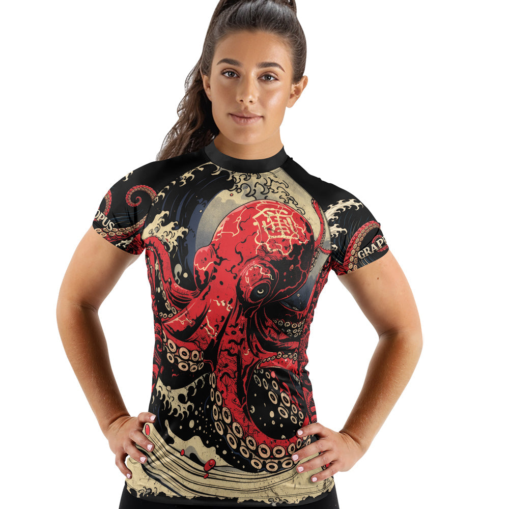 Rashninja Octopus Deep Sea Red Women's Short Sleeve Rash Guard