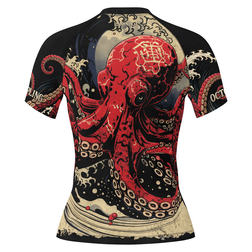 Rashninja Octopus Deep Sea Red Women's Short Sleeve Rash Guard