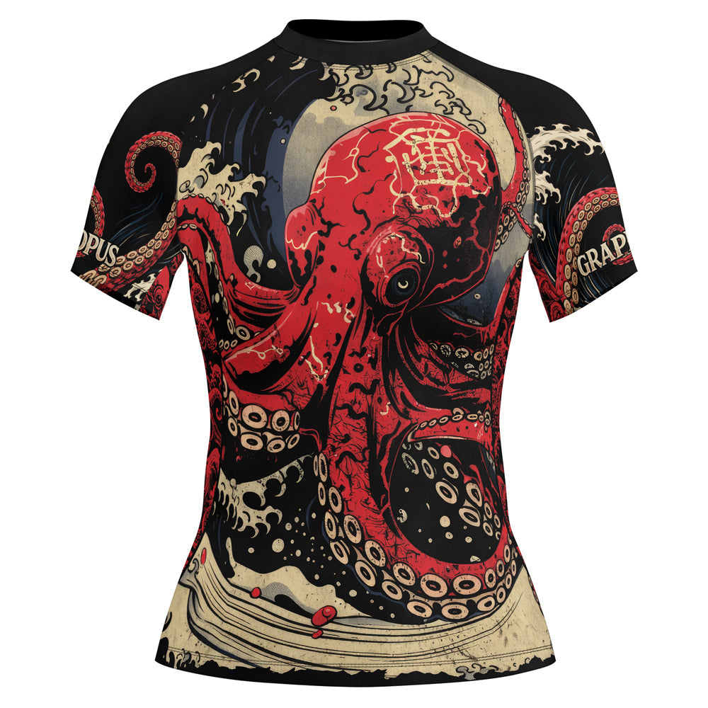Rashninja Octopus Deep Sea Red Women's Short Sleeve Rash Guard