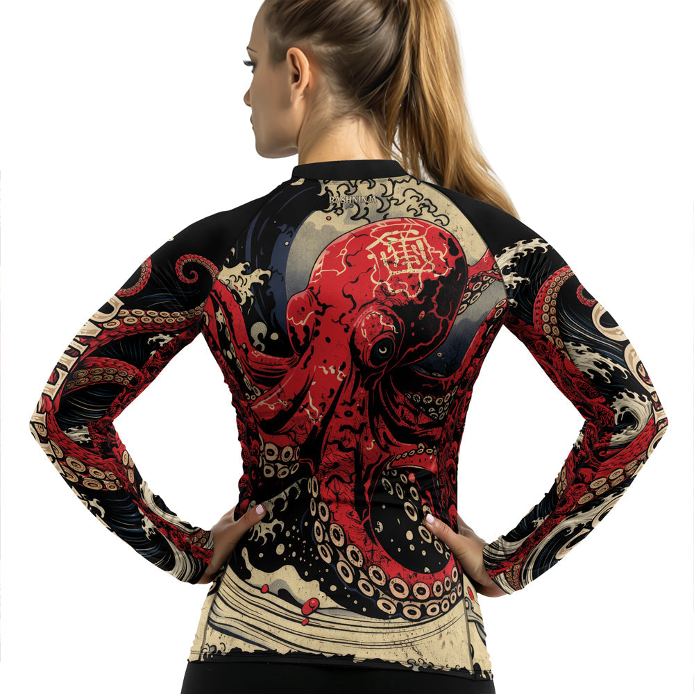 Rashninja Octopus Deep Sea Red Women's Long Sleeve Rash Guard