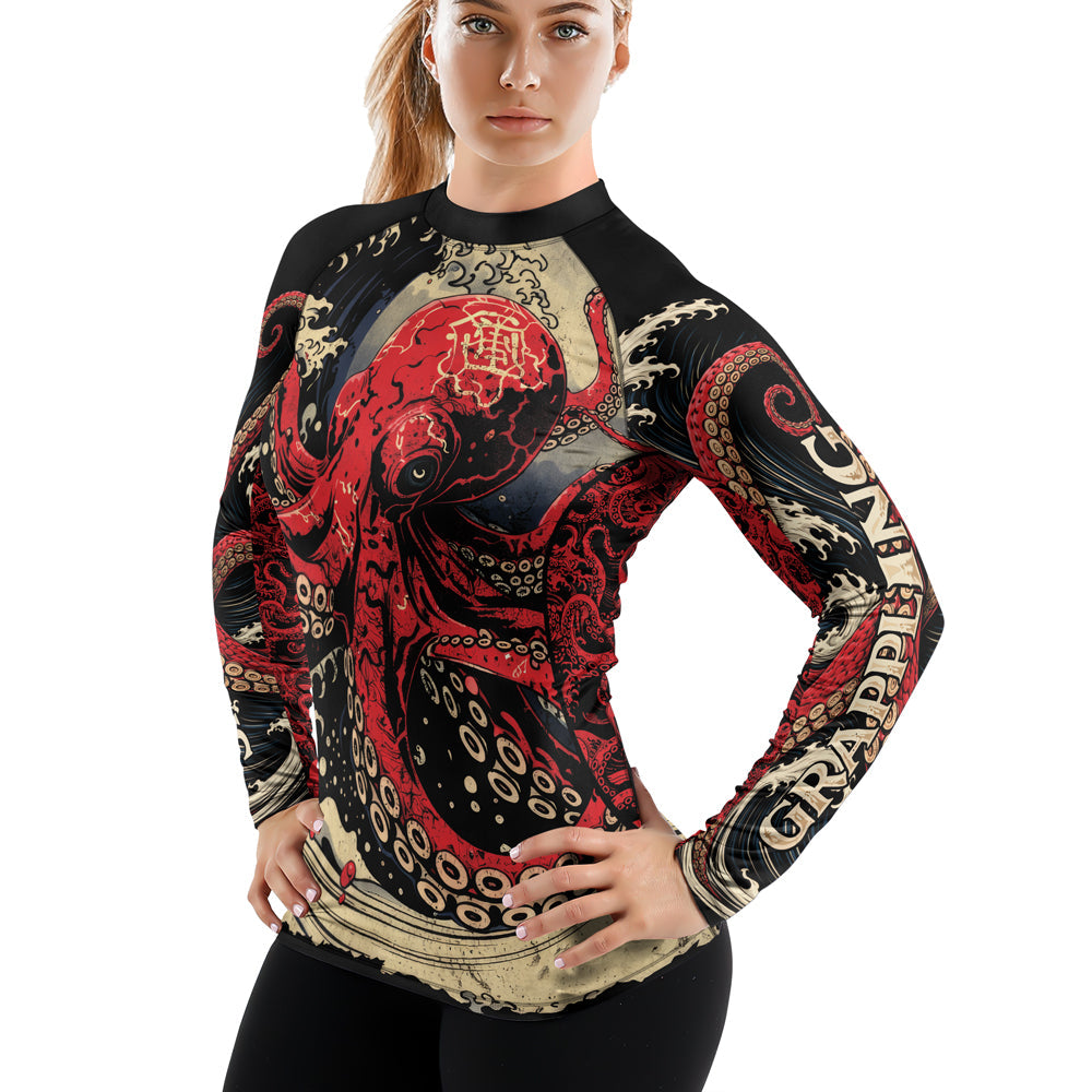 Rashninja Octopus Deep Sea Red Women's Long Sleeve Rash Guard