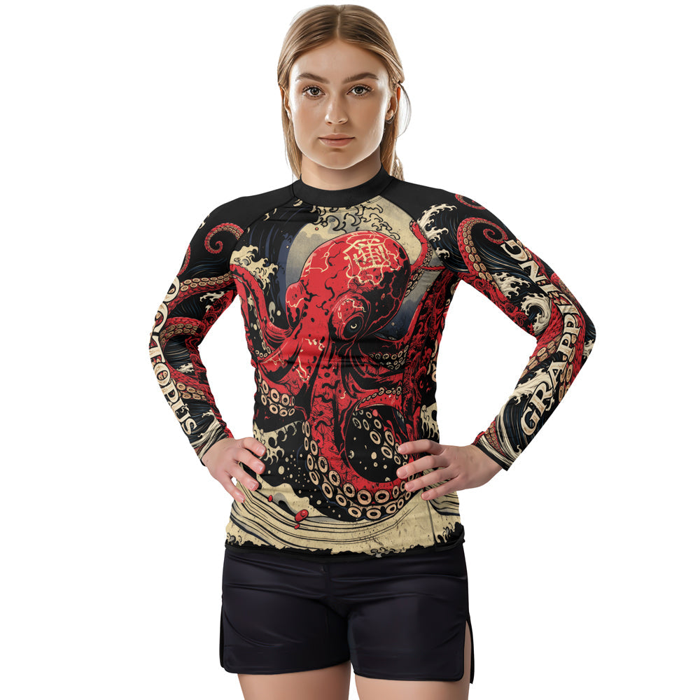 Rashninja Octopus Deep Sea Red Women's Long Sleeve Rash Guard