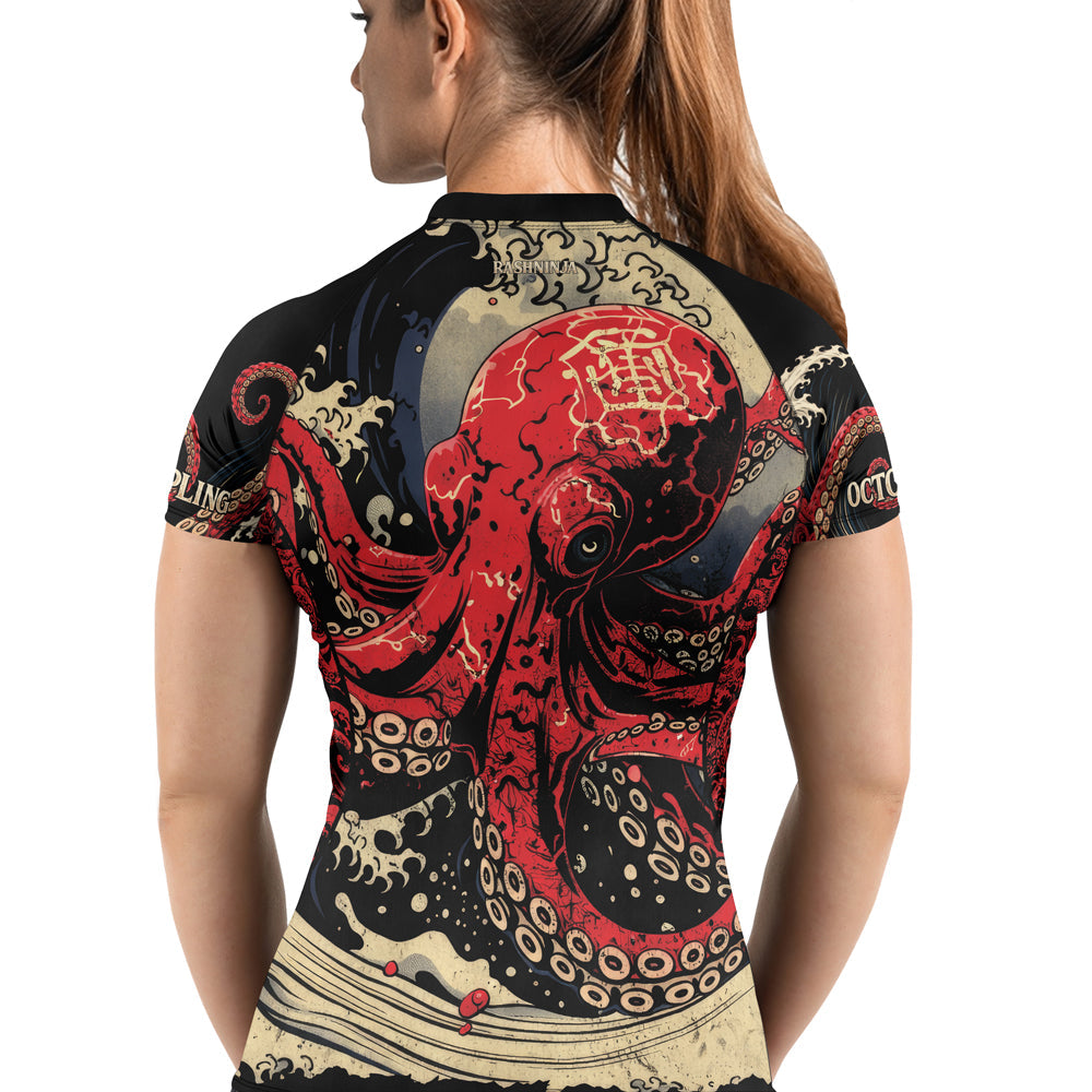 Rashninja Octopus Deep Sea Red Women's Short Sleeve Rash Guard