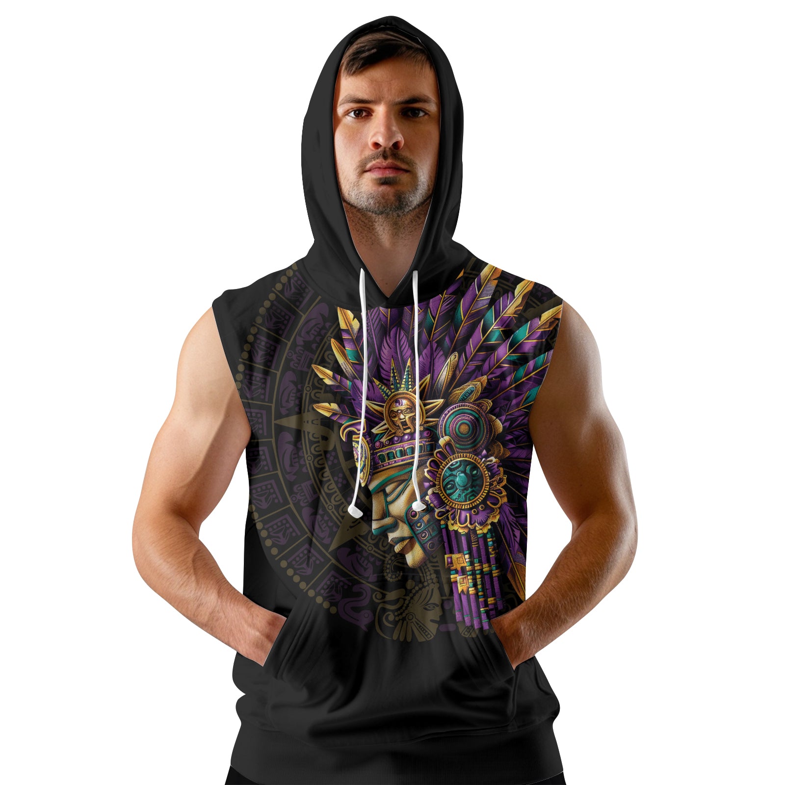 Rashninja Aztec Purple Tribe Headman Men's Sleeveless Gym Hoodie