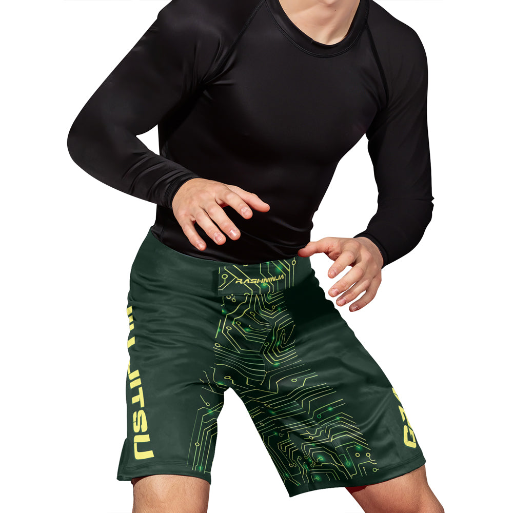 Rashninja Green Cyber Circuit Men's Fight Shorts