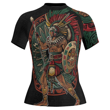 Rashninja Aztec Warrior Red Feather Women's Short Sleeve Rash Guard