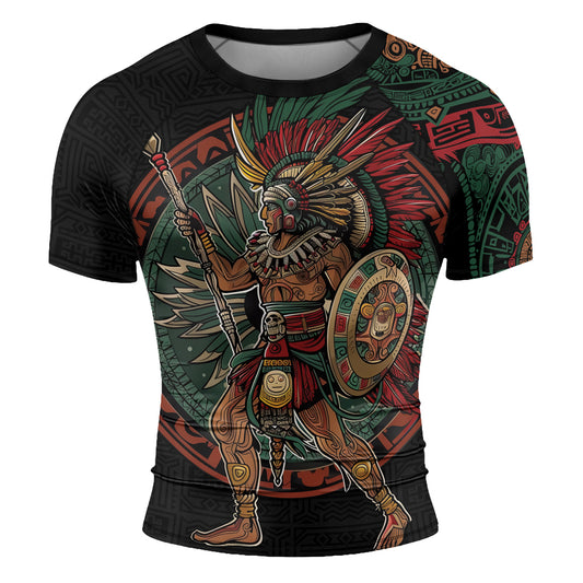 Rashninja Aztec Warrior Red Feather Men's Short Sleeve Rash Guard