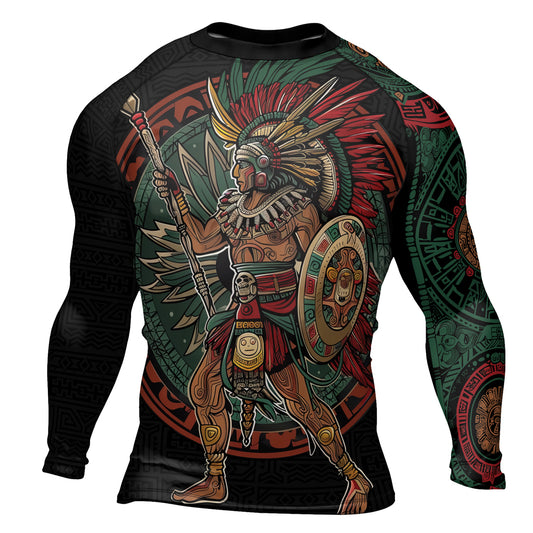 Rashninja Aztec Warrior Red Feather Men's Long Sleeve Rash Guard