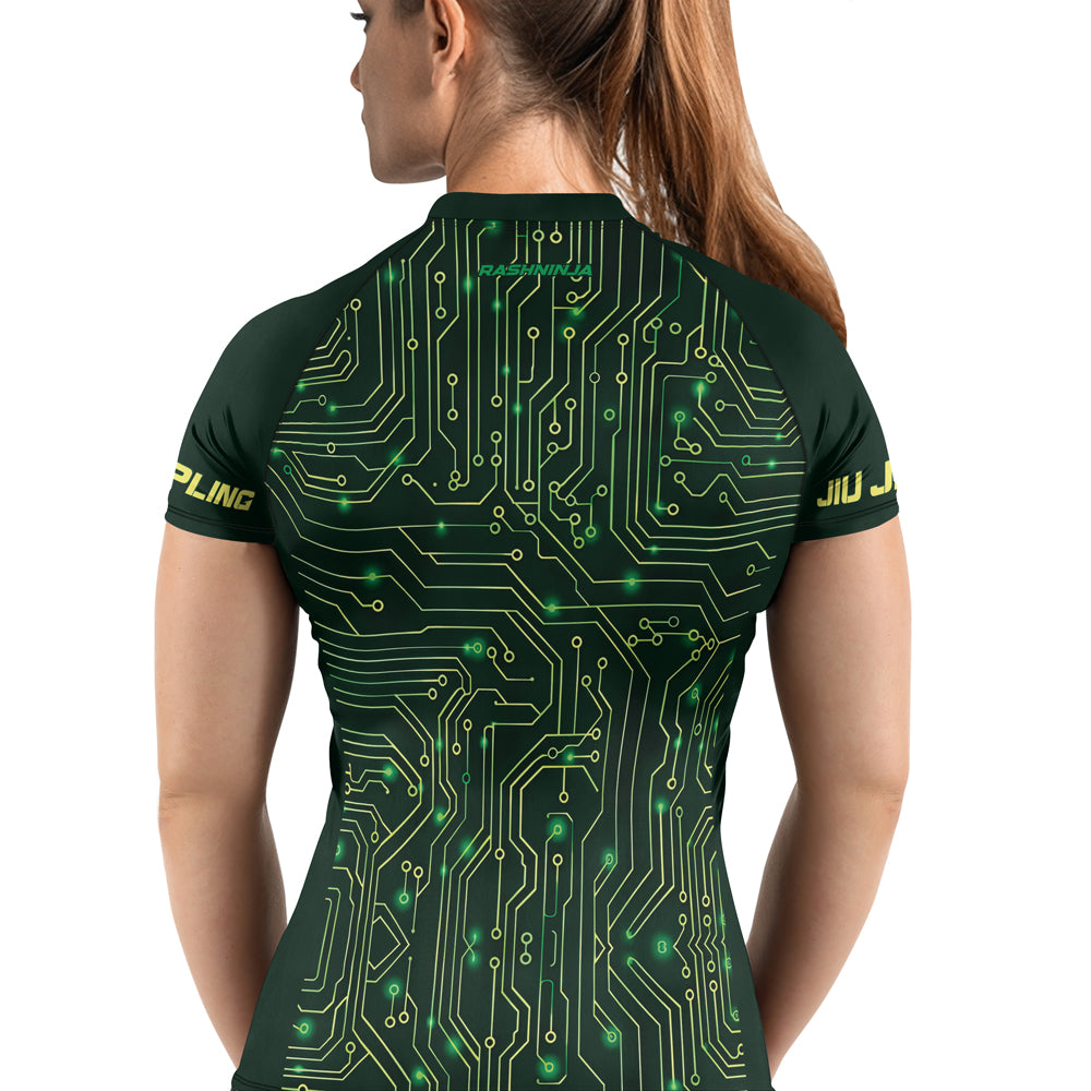 Rashninja Green Cyber Circuit Women's Short Sleeve Rash Guard