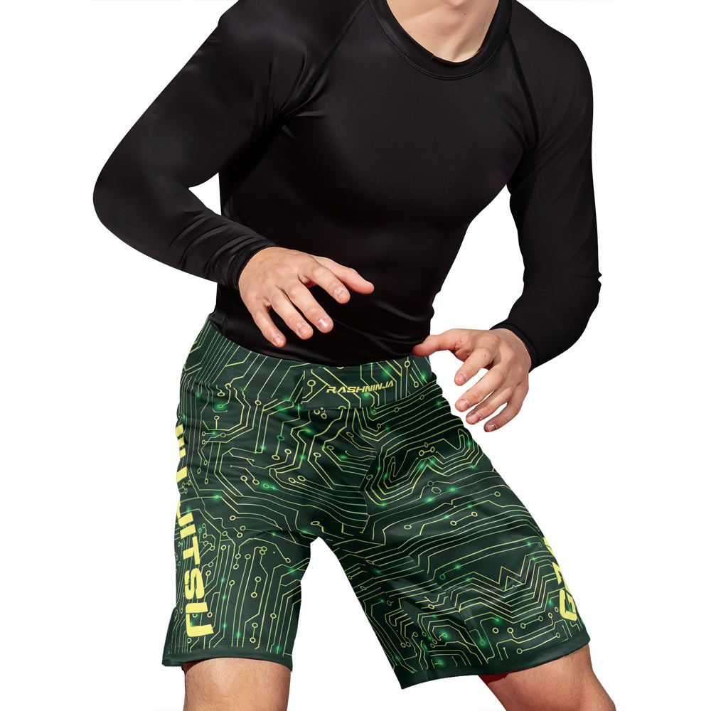 Rashninja Green Cyber Circuit Men's Fight Shorts