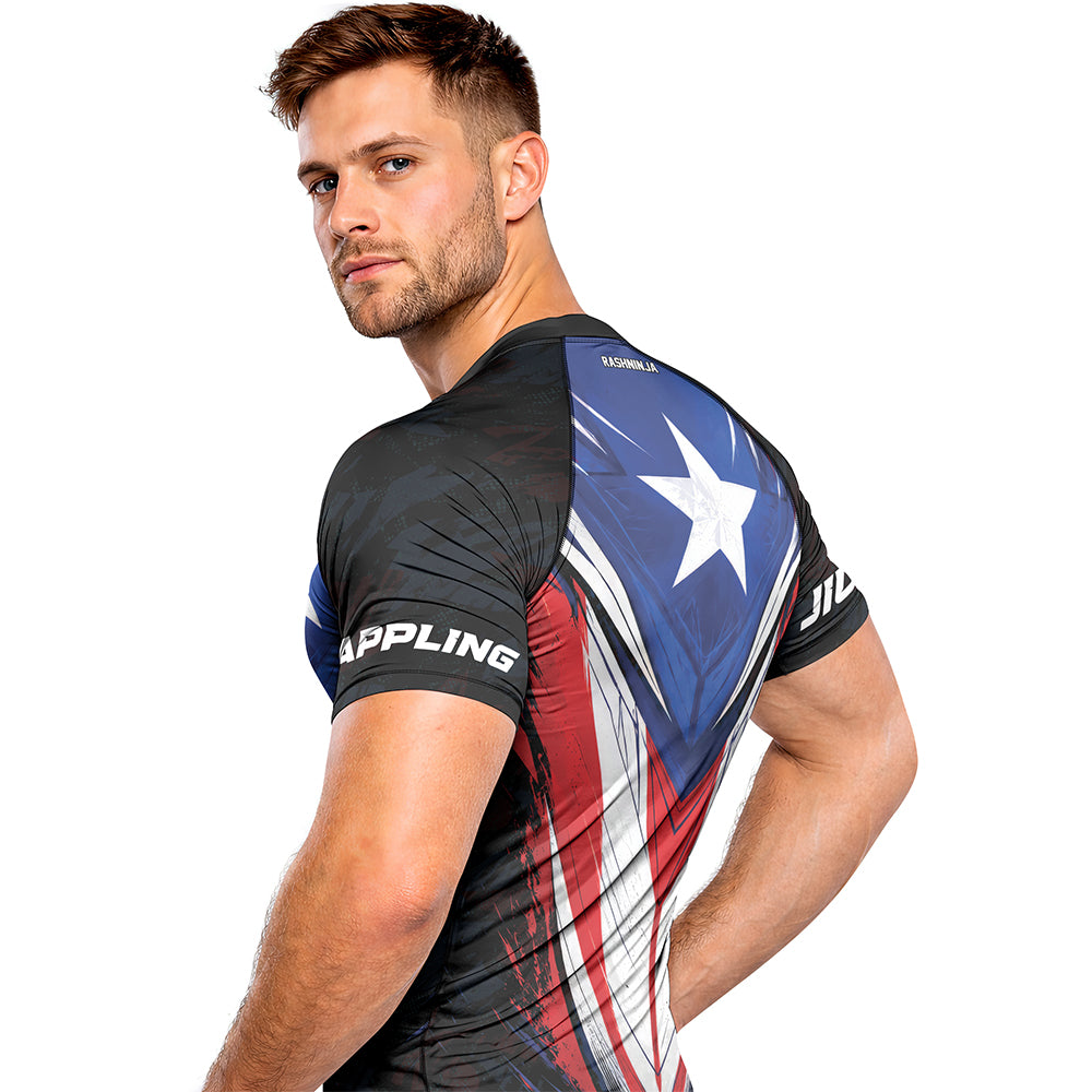 Rashninja Patriot Puerto Rico Flag Men's Short Sleeve Rash Guard