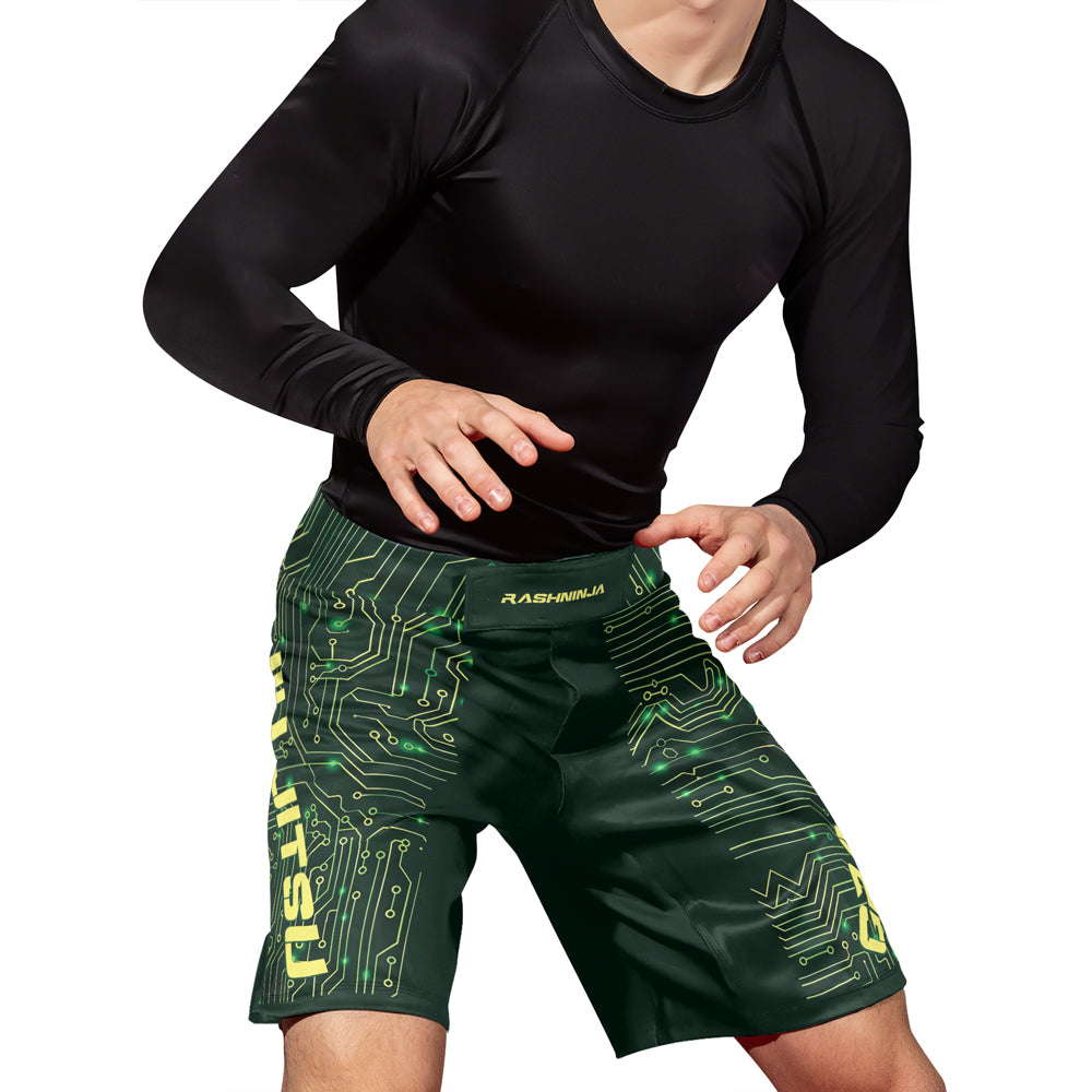 Rashninja Green Cyber Circuit Men's Fight Shorts