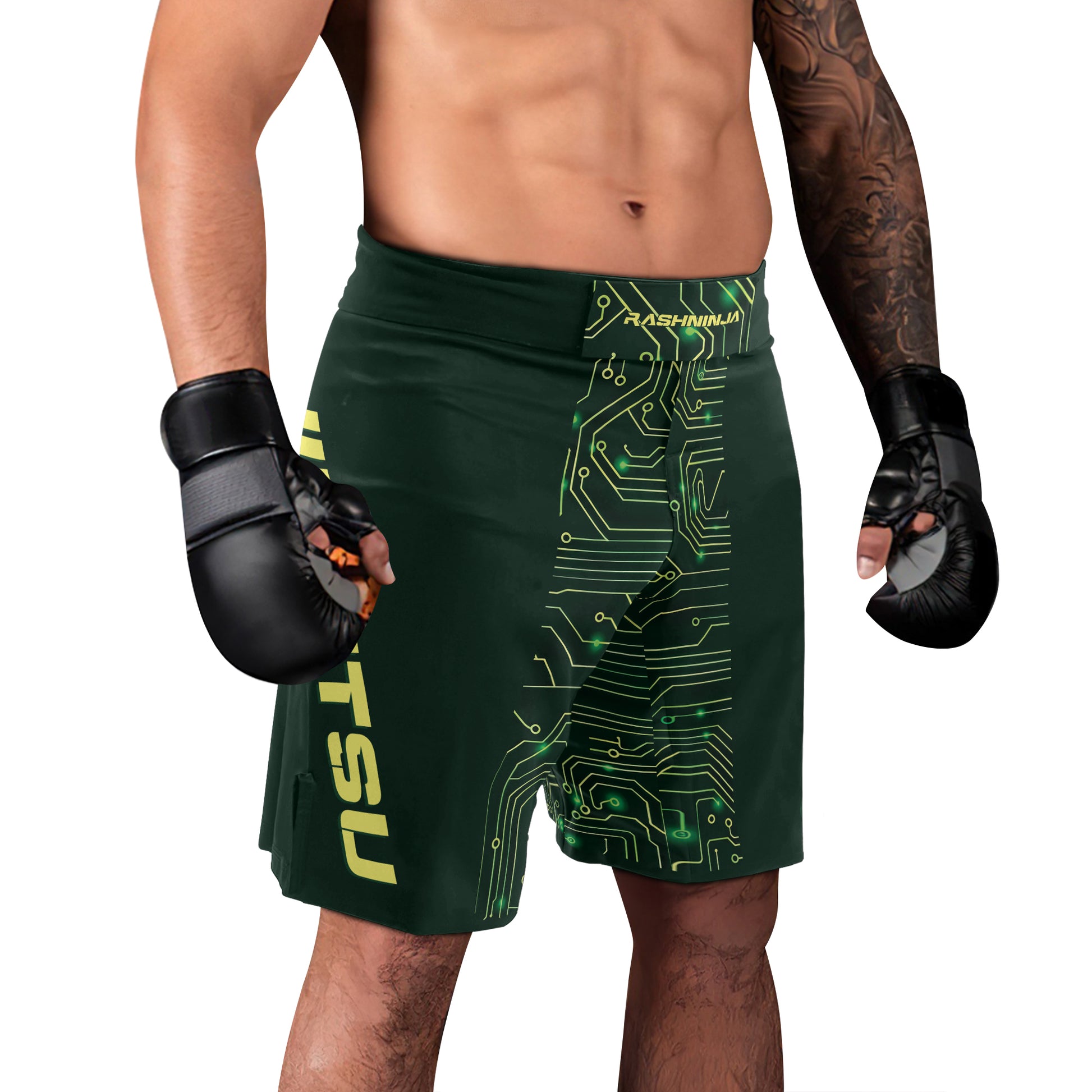 Rashninja Green Cyber Circuit Men's Fight Shorts