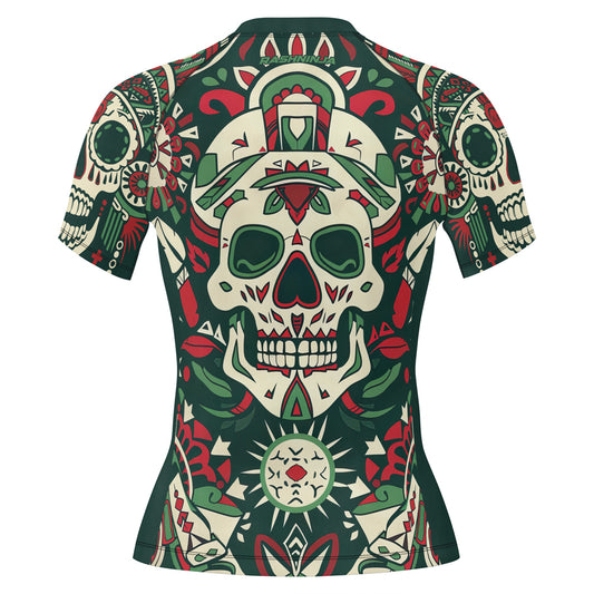 Rashninja Aztec Tribal Skull Mandala Women's Short Sleeve Rash Guard