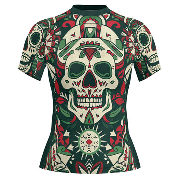 Rashninja Aztec Tribal Skull Mandala Women's Short Sleeve Rash Guard