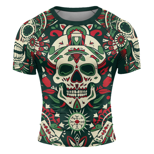 Rashninja Aztec Tribal Skull Mandala Men's Short Sleeve Rash Guard