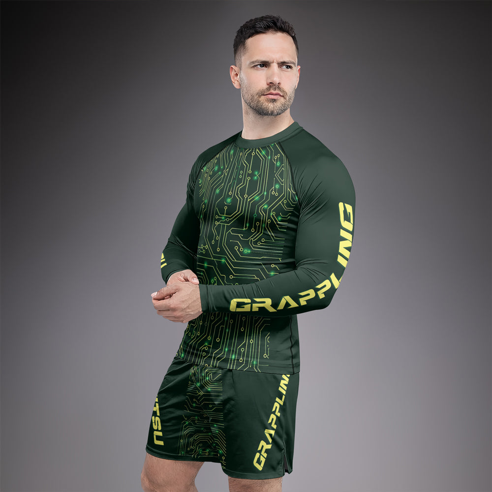 Rashninja Green Cyber Circuit Men's Long Sleeve Rash Guard
