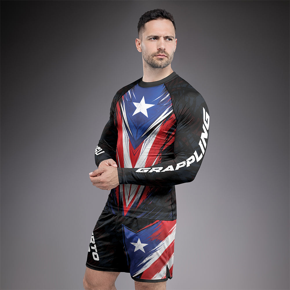 Rashninja Patriot Puerto Rico Flag Men's Long Sleeve Rash Guard