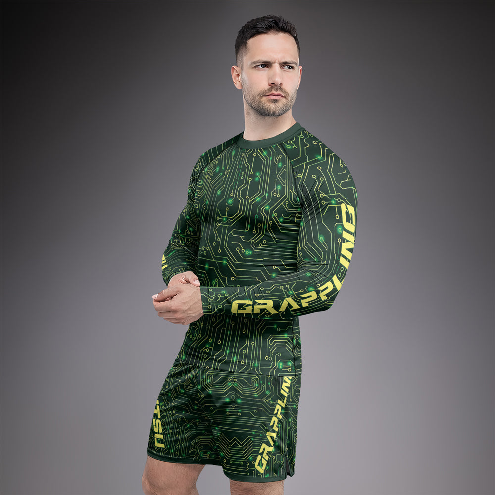 Rashninja Green Cyber Circuit Men's Long Sleeve Rash Guard