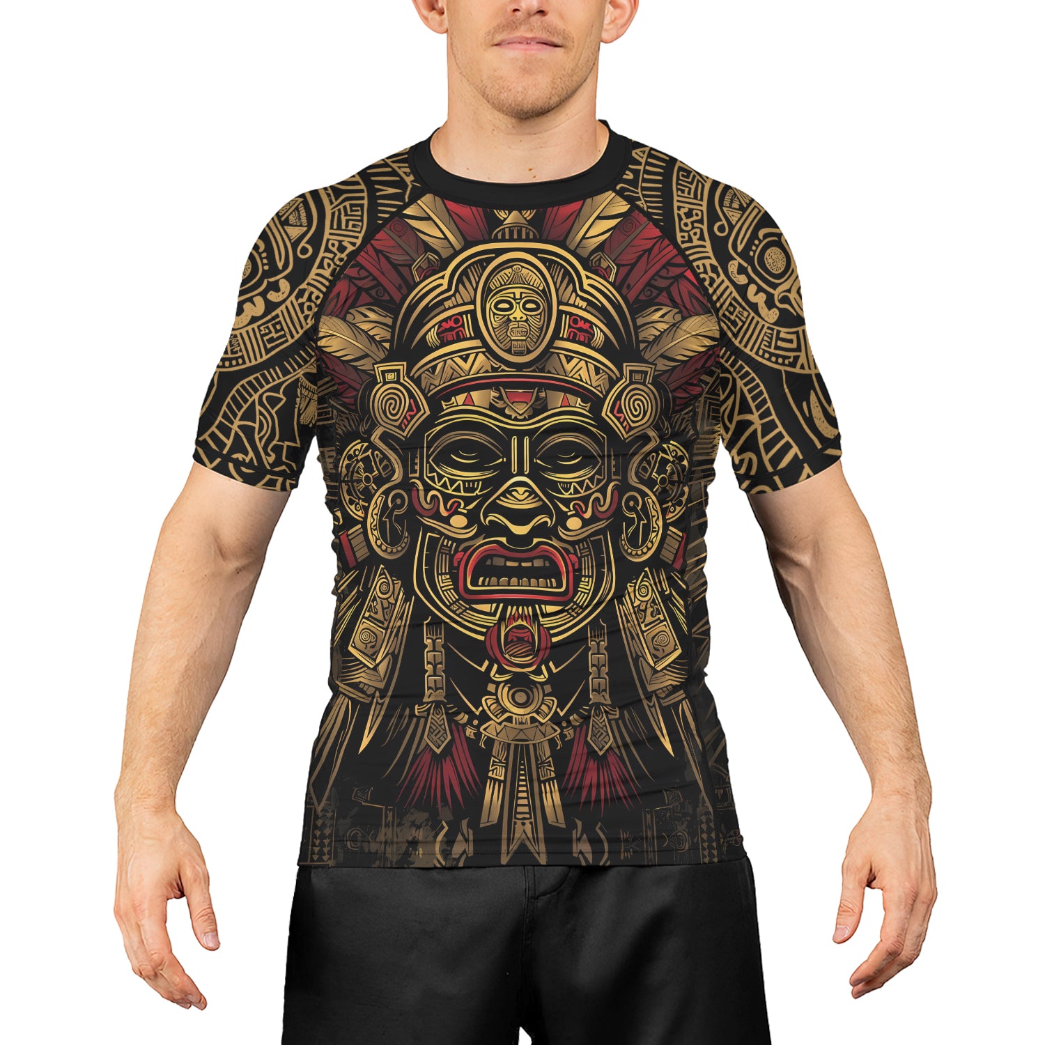 Rashninja Aztec Pyramid Ritual Men's Short Sleeve Rash Guard

