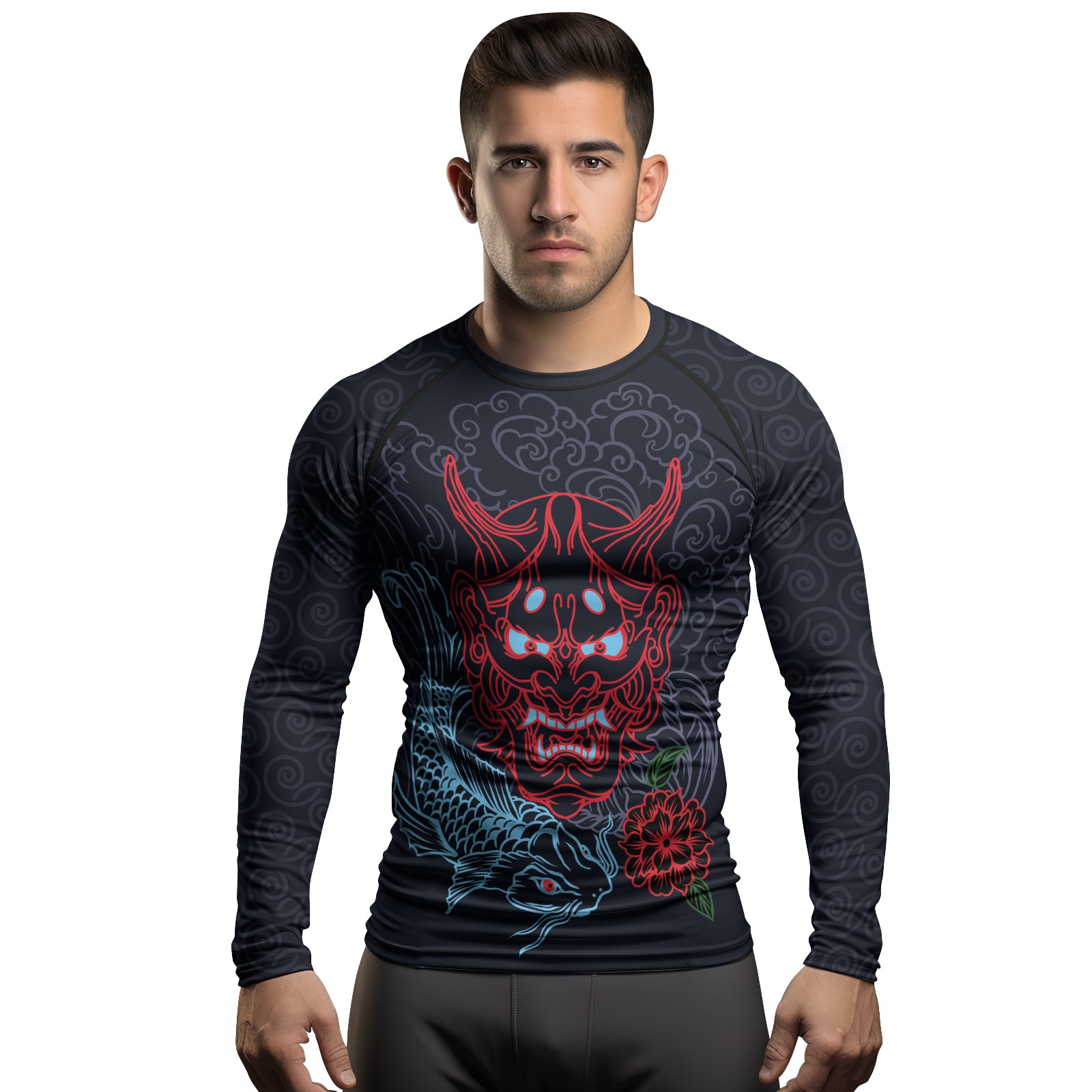 Rashninja Red Samurai Mask with Blue Koi Men's Long Sleeve Rash Guard