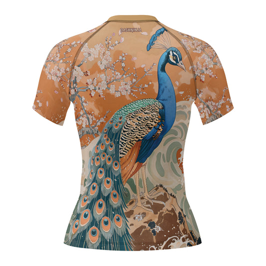 Rashninja Peacock Cherry Blossom Women's Short Sleeve Rash Guard