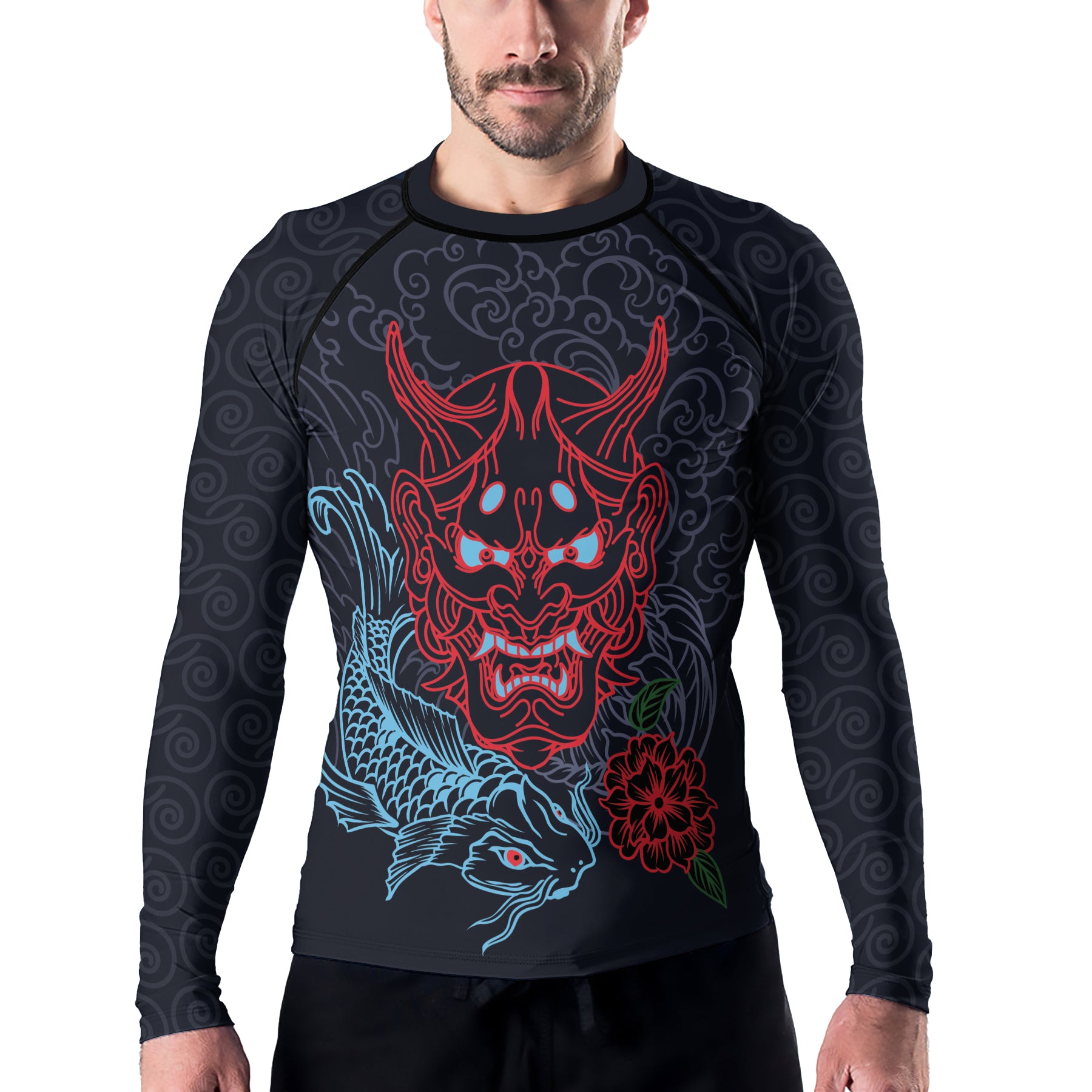 Rashninja Red Samurai Mask with Blue Koi Men's Long Sleeve Rash Guard