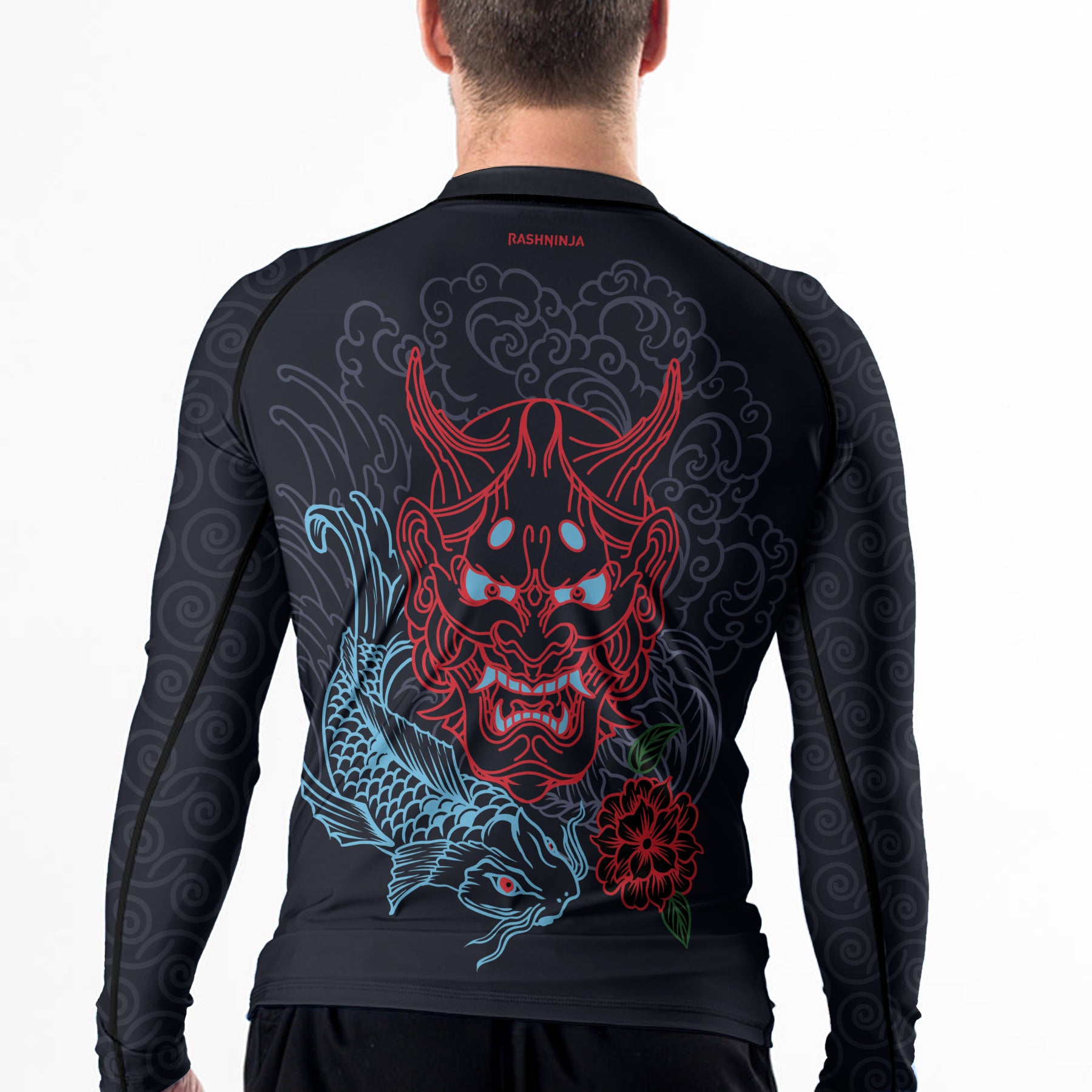 Rashninja Red Samurai Mask with Blue Koi Men's Long Sleeve Rash Guard