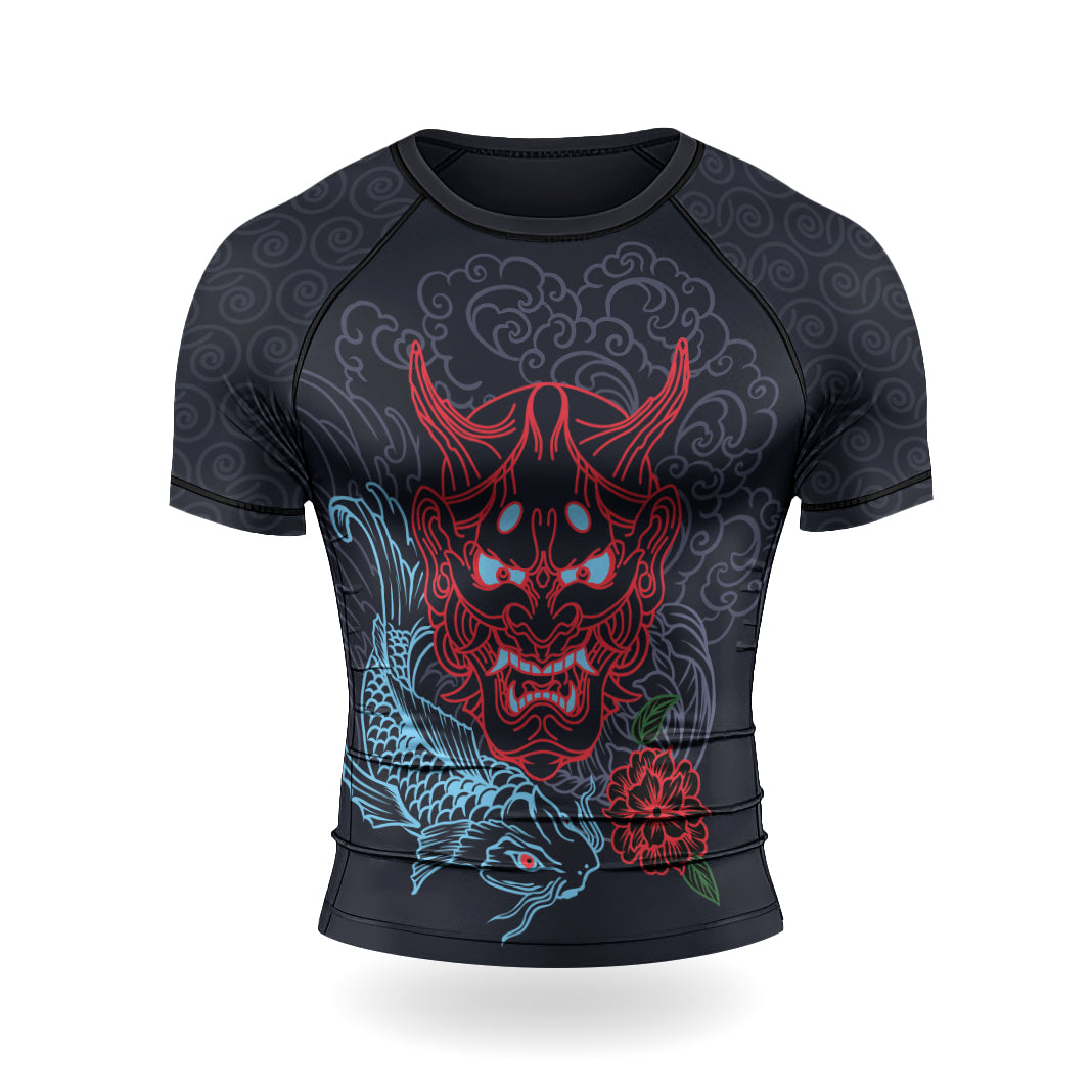 Rashninja Red Samurai Mask with Blue Koi Men's Short Sleeve Rash Guard